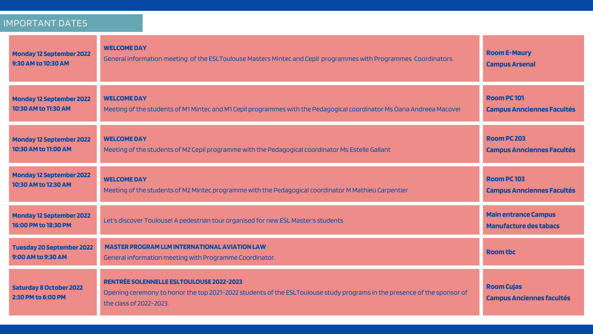 Important dates ESLToulouse Masters 2022-23